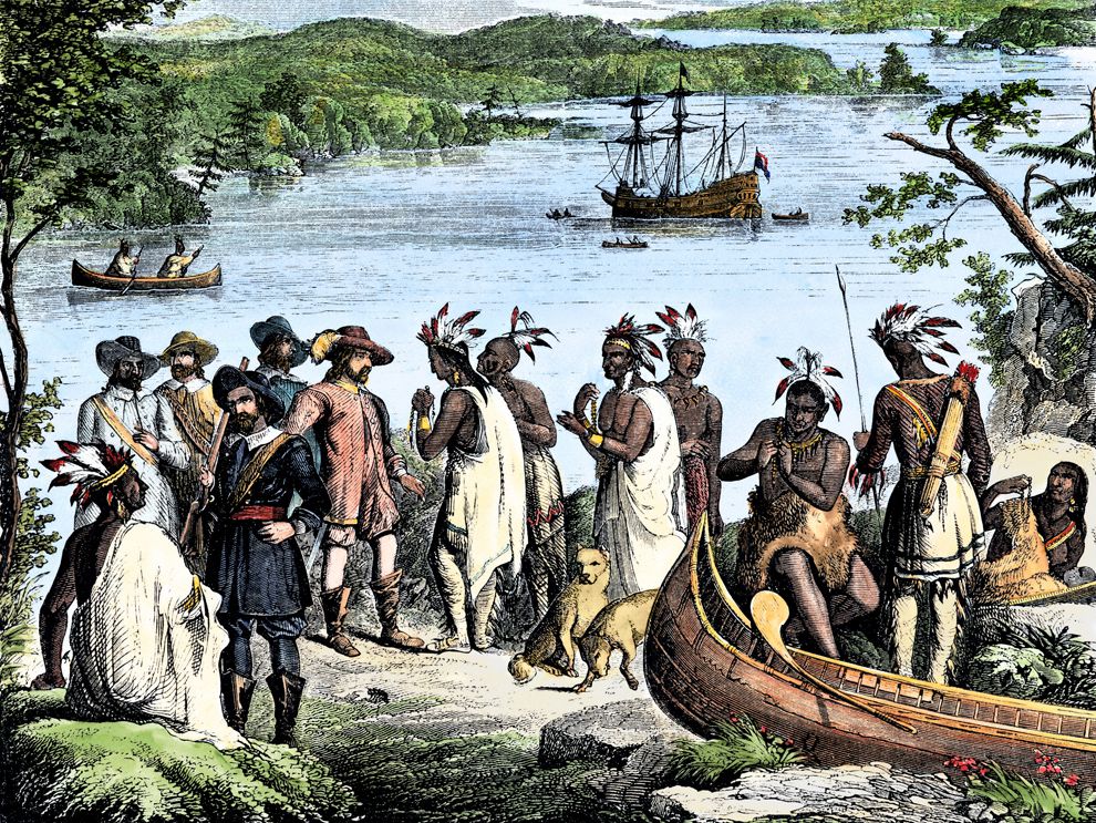 Rysunek przedstawiający XVII-wieczną scenę handlową między kupcami holenderskimi a rdzennymi Amerykanami.  Typowymi przedmiotami handlowymi były skóry bobrów, narzędzia holenderskie i koraliki wampum używane jako waluta.