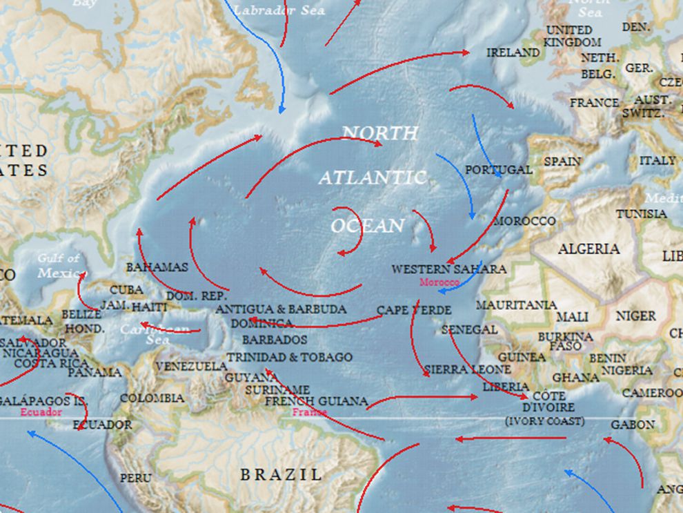 The North Atlantic Gyre is one of the five major ocean gyres—the others are the South Atlantic Gyre, the Indian Ocean Gyre, the North Pacific Gyre, and the South Pacific Gyre. The North Atlantic Gyre contains both cold (depicted in blue) and warm (depicted in red) currents.