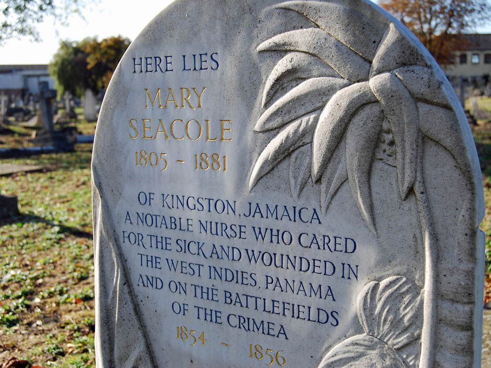 Mary Seacole died at her home in London, England, and is buried at St. Mary's Roman Catholic Cemetery in Kensal Green, London. Although Seacole was born and raised in Jamaica, she always considered herself a citizen of Great Britain, as Jamaica was a British colony at the time. This beautiful gravestone was restored by the Jamaican Nurses Association in 1973.