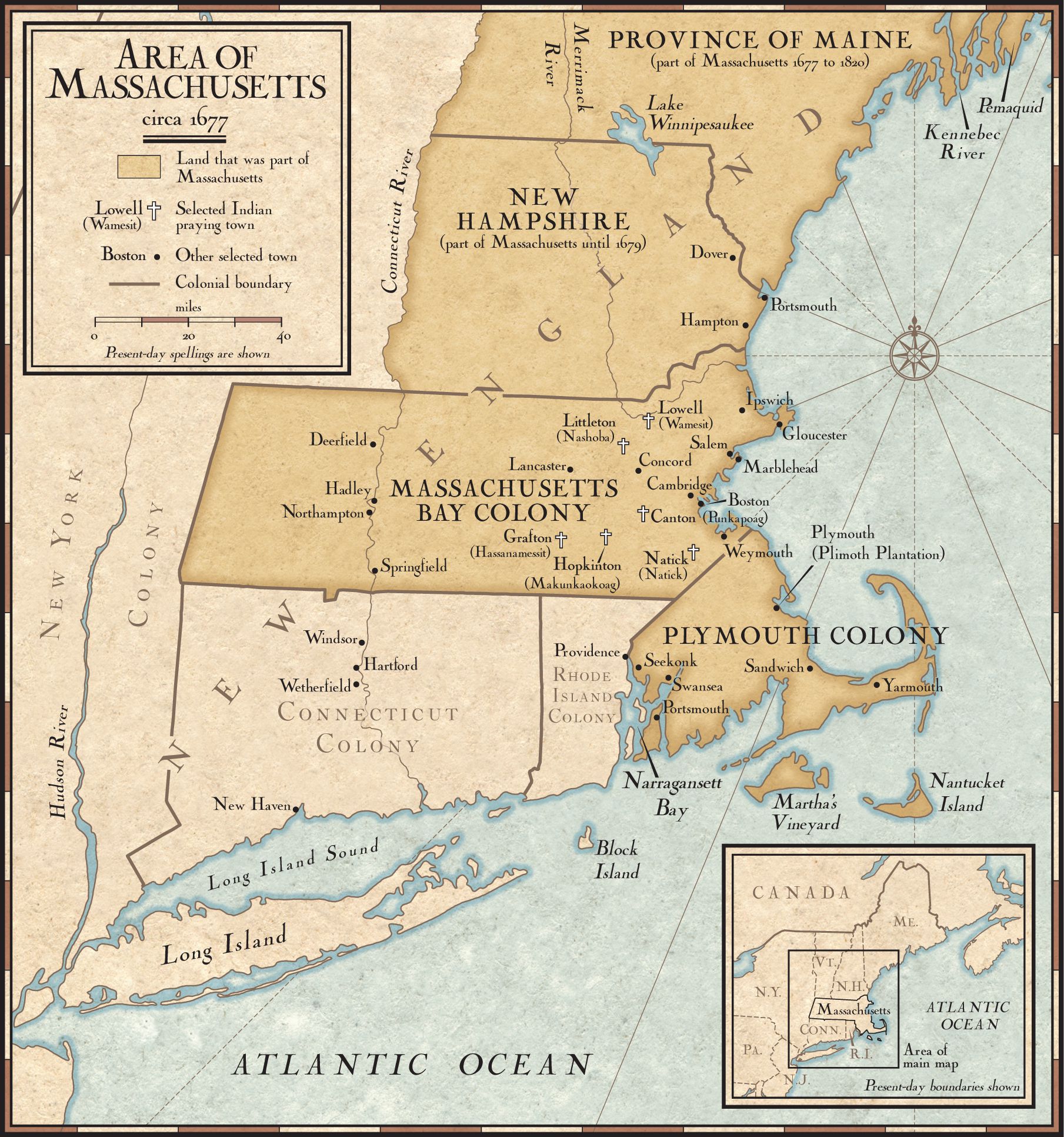 Map Of Colonial New Hampshire New England Colonies in 1677 | National Geographic Society