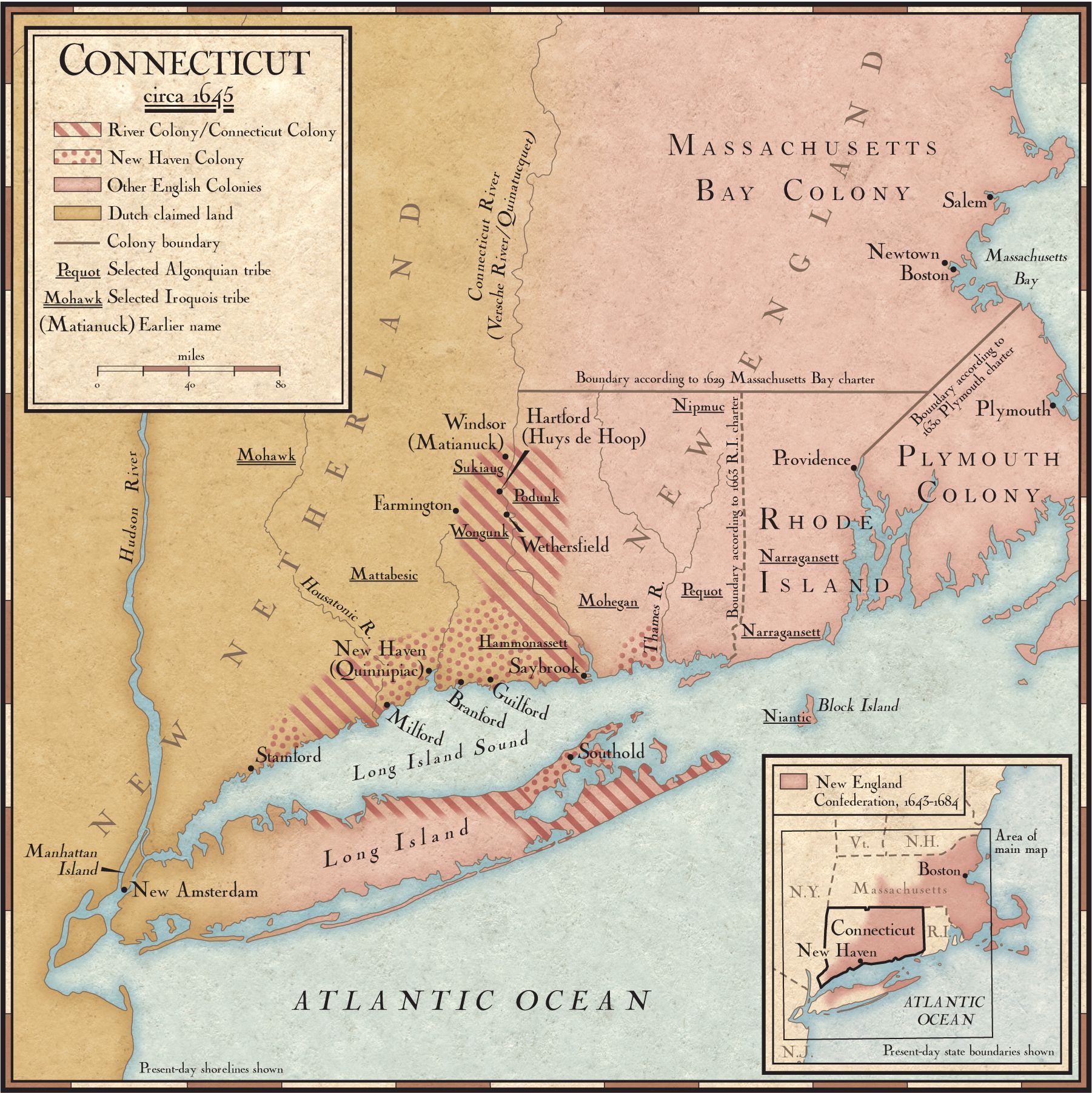 Map Of The Connecticut Colonies in Connecticut in the 1640s | National Geographic Society