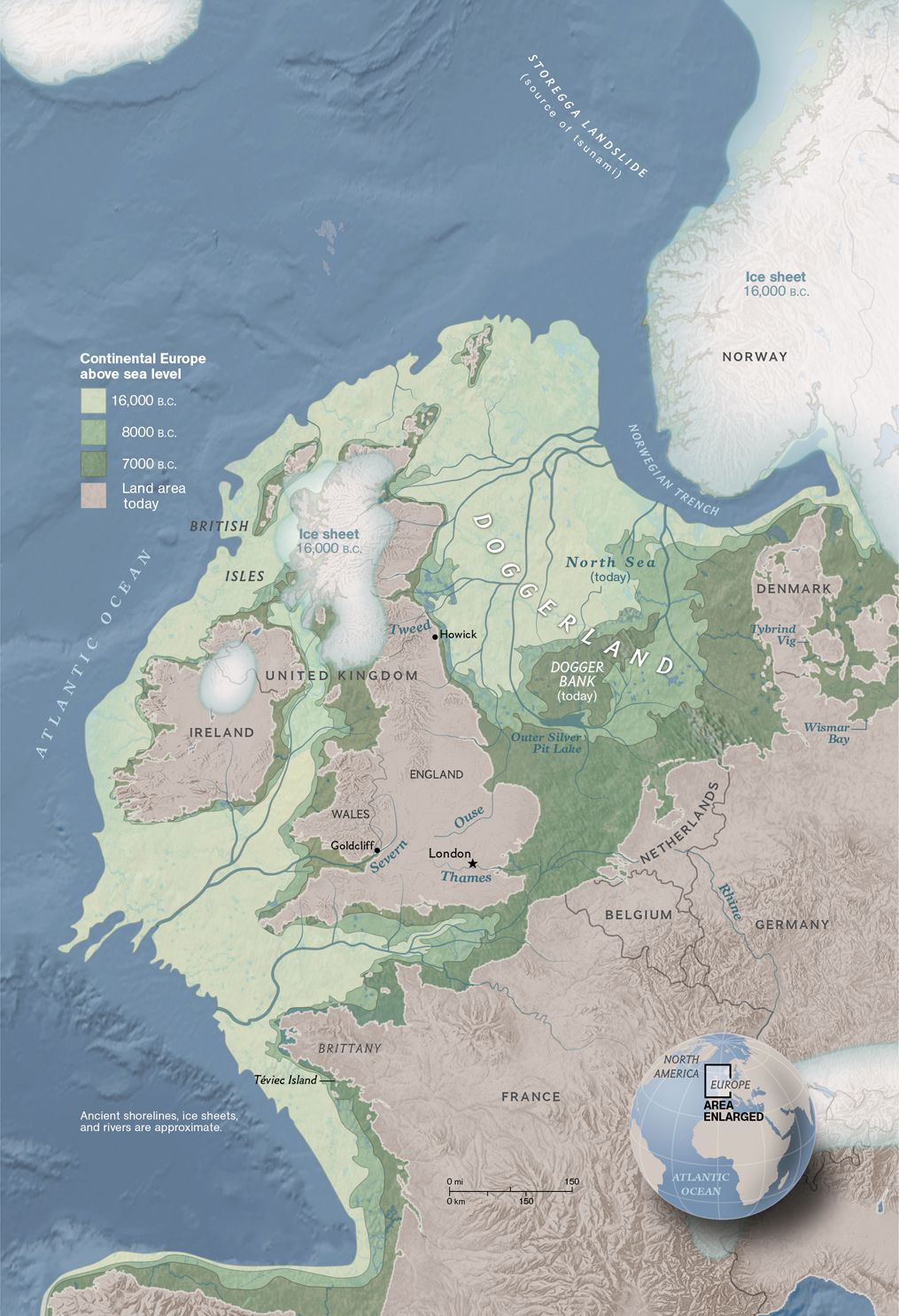 At the end of the last ice age, Britain formed the northwest corner of an icy continent. Warming climate exposed a vast continental shelf for humans to inhabit. Further warming and rising seas gradually flooded low-lying lands. Some 8,200 years ago, a catastrophic release of water from a North American glacial lake and a tsunami from a submarine landslide off Norway inundated whatever remained of Doggerland.