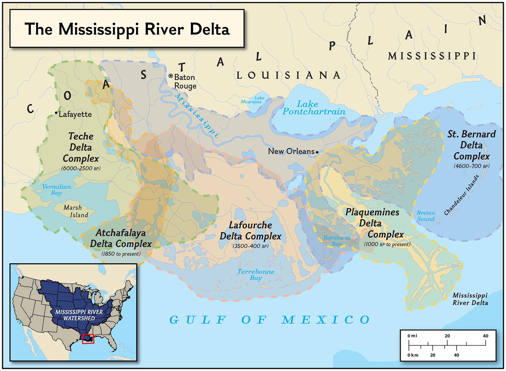 Regional map of the Mississippi River delta plain, Louisiana