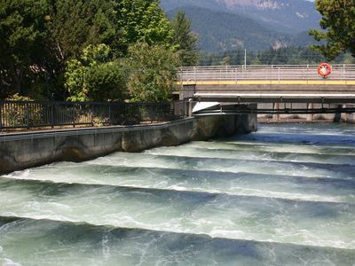 Fish ladder at the Bonneville Dam on the Columbia River separating Washington and Oregon.