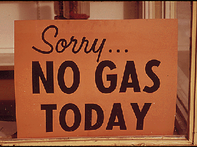 A photograph of a sign that reads, "Sorry...no gas today" from the fall of 1973.