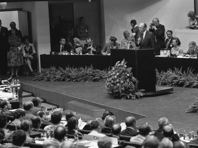 Photograph of President Ford addressing delegates during the Conference on Security and Cooperation in Europe.
