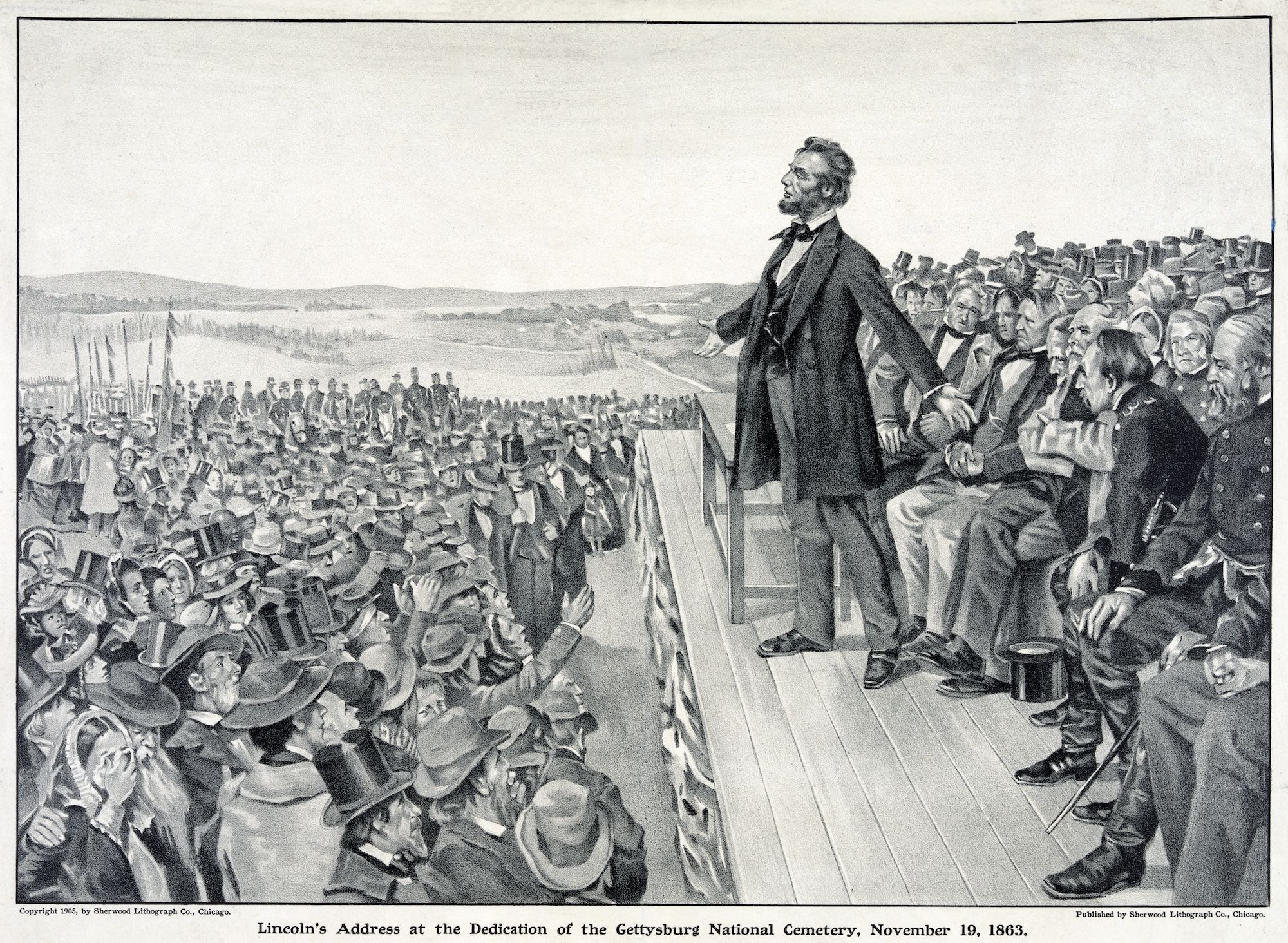 Lithograph of Lincoln speaking at Gettysburg.