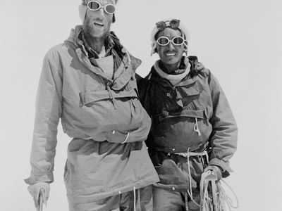 Sir Edmund Hillary (left) and Tenzing Norgay pose for a photograph at Camp 4 where they paused during their descent from Mount Everest on May 29, 1953.