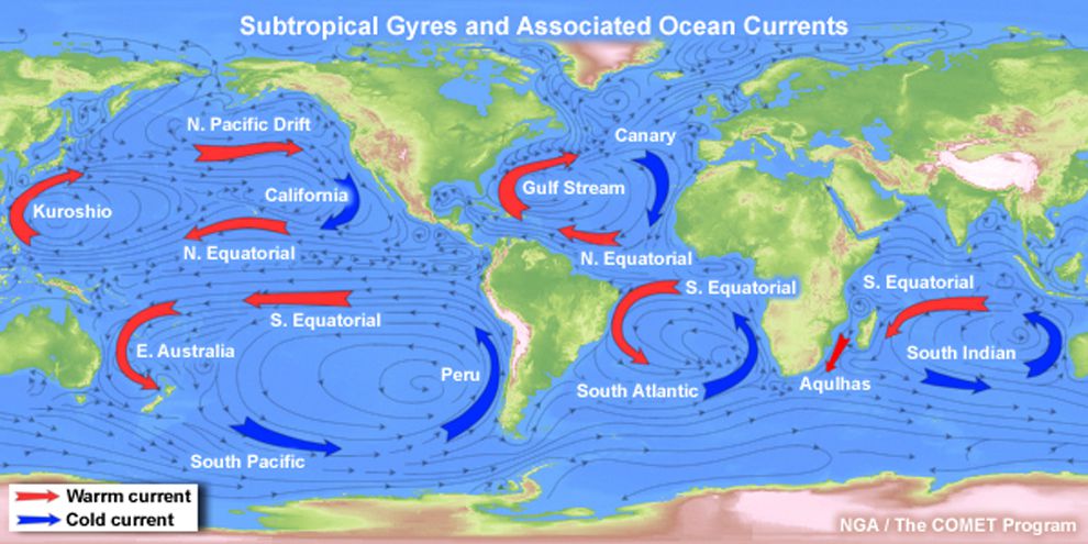 Ocean gyres are large system of circular ocean currents formed by global wind patterns and forces created by Earth’s rotation. The five major circulation patterns formed by the currents on this map are the world's five major ocean gyres: North Atlantic, South Atlantic, Indian, North Pacific, and South Pacific. (The Indian Ocean Gyre is actually two, split slightly below the Equator.)