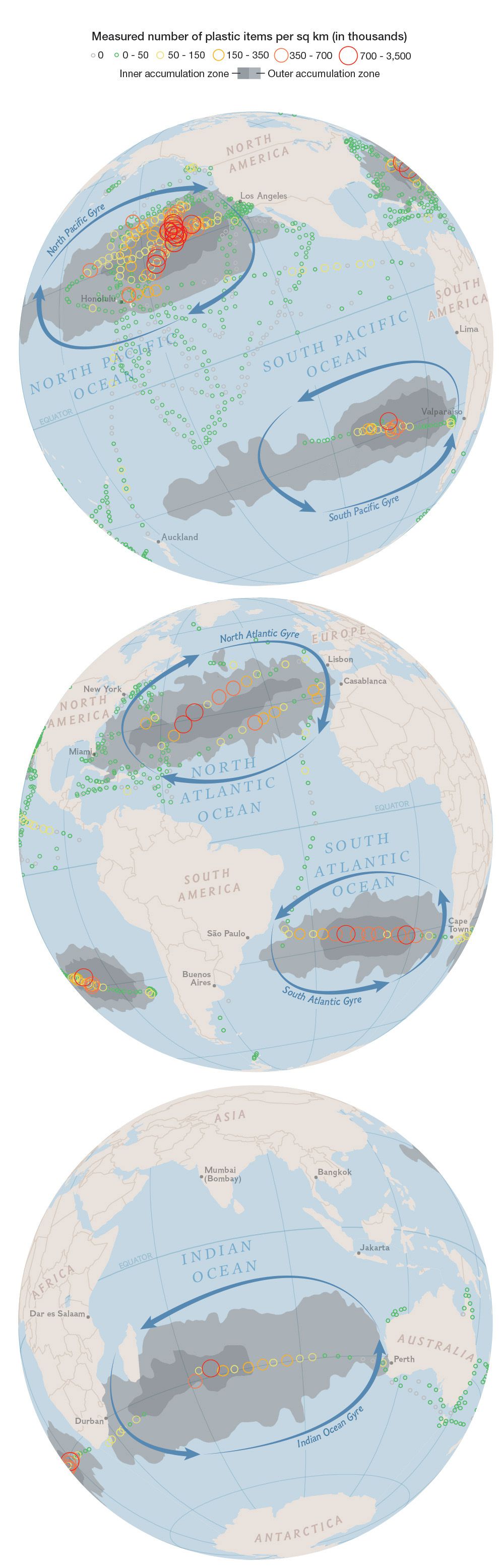Garbage patches are found in the calm, stable centers of many of the world's ocean gyres. Even smaller bodies of water, such as the Mediterranean and North Seas, are developing their own garbage patches along heavily trafficked shipping lanes.
