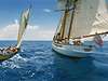 Picture of a 35-foot dugout canoe sailing from Anguilla to Tortola, British Virgin Islands, along with support ship, 90 foot top sail schooner Fiddlers Green, right before changing crew